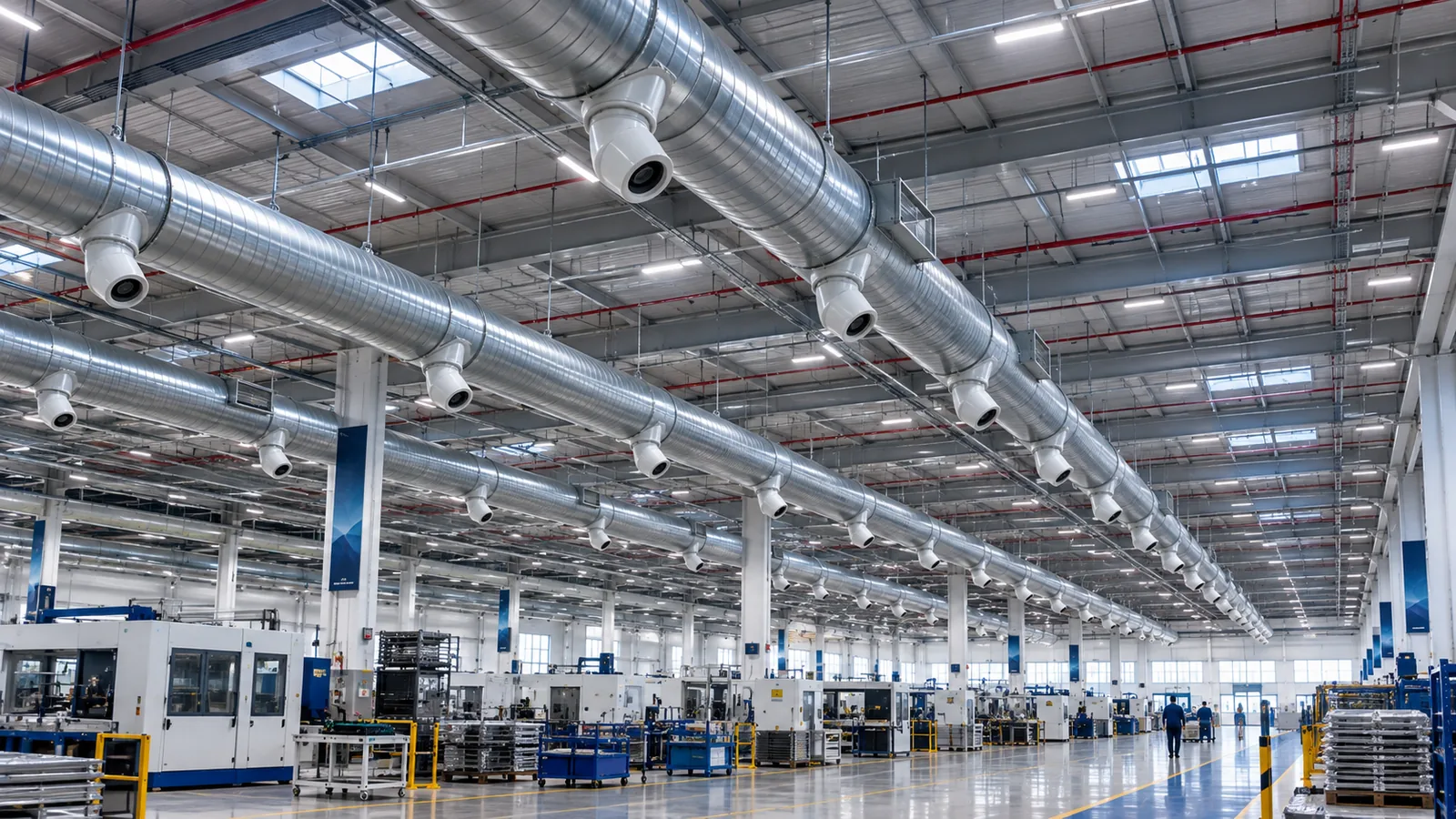 Factory ventilation with multiple duct lines and jet nozzles