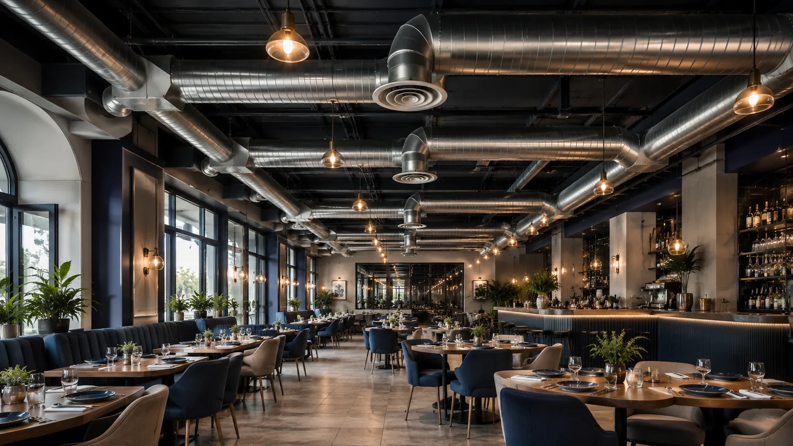 Restaurant HVAC project with exposed ducting